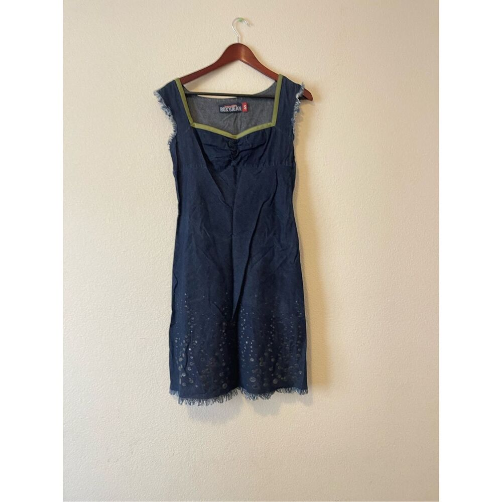Y2k Roxy denim‎ mini dress with raw hem details size small